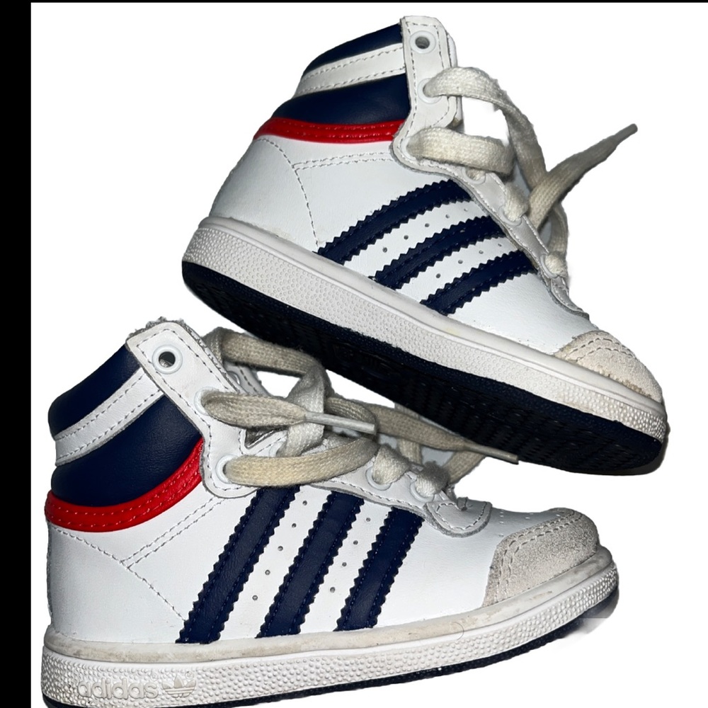Adidas Toddler High Tops White Blue Striped Red Sneakers 6K Baby Shoes Leather 6